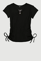 Girls Rhinestone Bow Notch Neck Top,