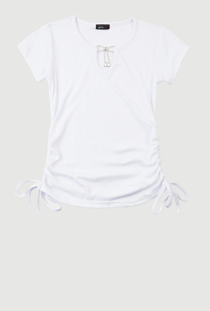 Girls Rhinestone Bow Notch Neck Top, White, Size 10-12