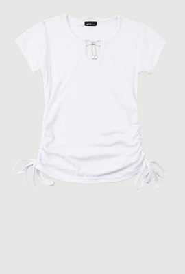 Girls Rhinestone Bow Notch Neck Top, White, Size 10-12
