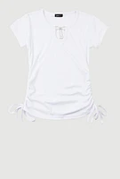 Girls Rhinestone Bow Notch Neck Top, White, Size 10-12