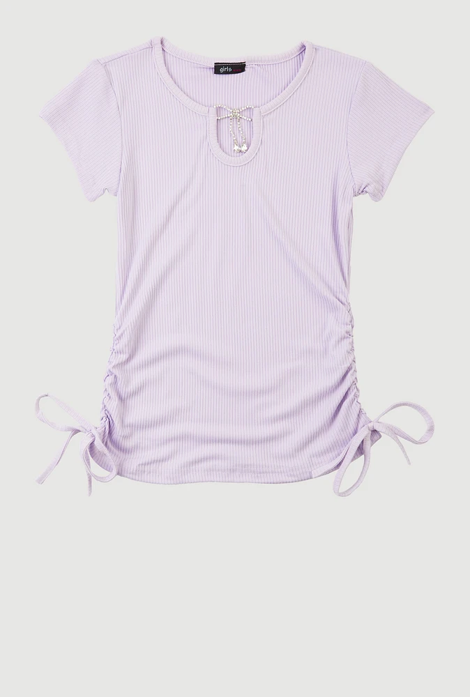 Girls Rhinestone Bow Notch Neck Top, Purple, Size 10-12