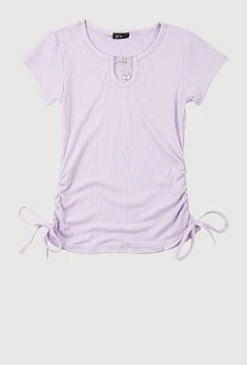 Girls Rhinestone Bow Notch Neck Top, Purple, Size 10-12