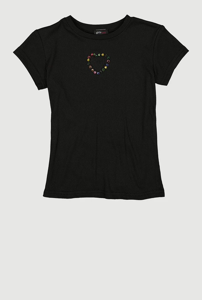 Girls Rhinestone Keyhole Heart Rib Knit Tee, Black, Size 10-12