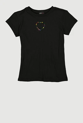 Girls Rhinestone Keyhole Heart Rib Knit Tee, Black, Size 10-12