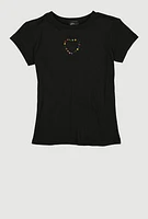 Girls Rhinestone Keyhole Heart Rib Knit Tee, Black, Size 10-12