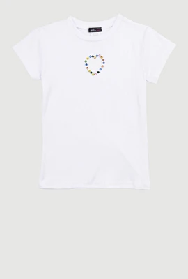 Girls Rhinestone Keyhole Heart Rib Knit Tee, White, Size 14-16