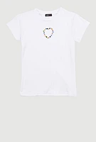Girls Rhinestone Keyhole Heart Rib Knit Tee, White, Size 14-16
