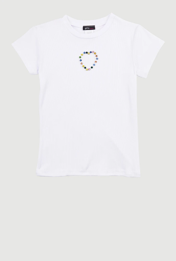 Girls Rhinestone Keyhole Heart Rib Knit Tee, White, Size 10-12