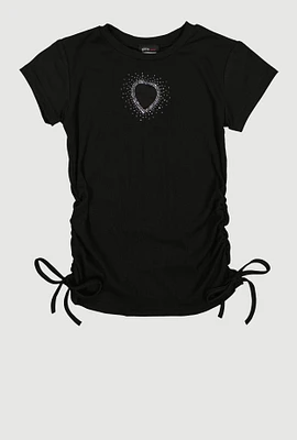 Girls Rhinestone Heart Side Ruched Tee, Black,