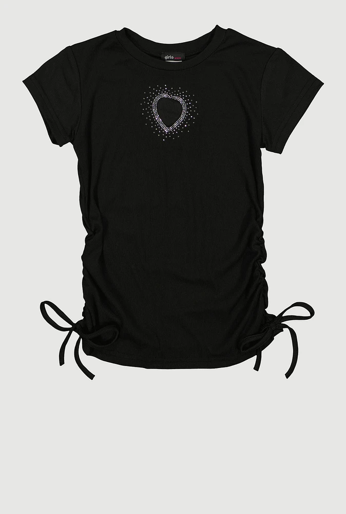 Girls Rhinestone Heart Side Ruched Tee,