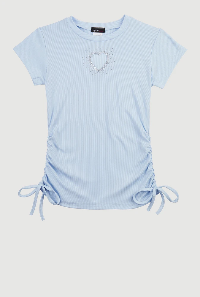Girls Rhinestone Heart Side Ruched Tee, Blue, Size 10-12