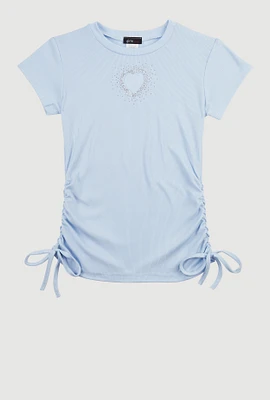 Girls Rhinestone Heart Side Ruched Tee, Blue, Size 10-12