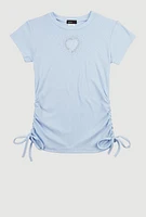 Girls Rhinestone Heart Side Ruched Tee, Blue, Size 10-12