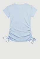 Girls Rhinestone Heart Side Ruched Tee, Blue, Size 10-12