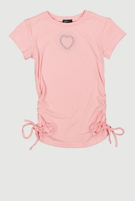 Girls Rhinestone Heart Side Ruched Tee, Pink, Size 7-8