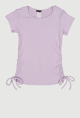 Girls Ribbed Knit Side Ruched Tee, Purple, Size 14-16