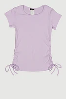 Girls Ribbed Knit Side Ruched Tee, Purple, Size 14-16