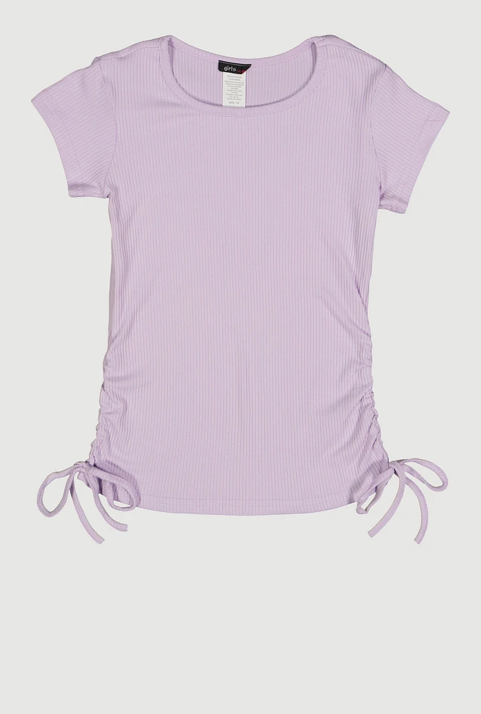 Girls Ribbed Knit Side Ruched Tee, Purple, Size 7-8