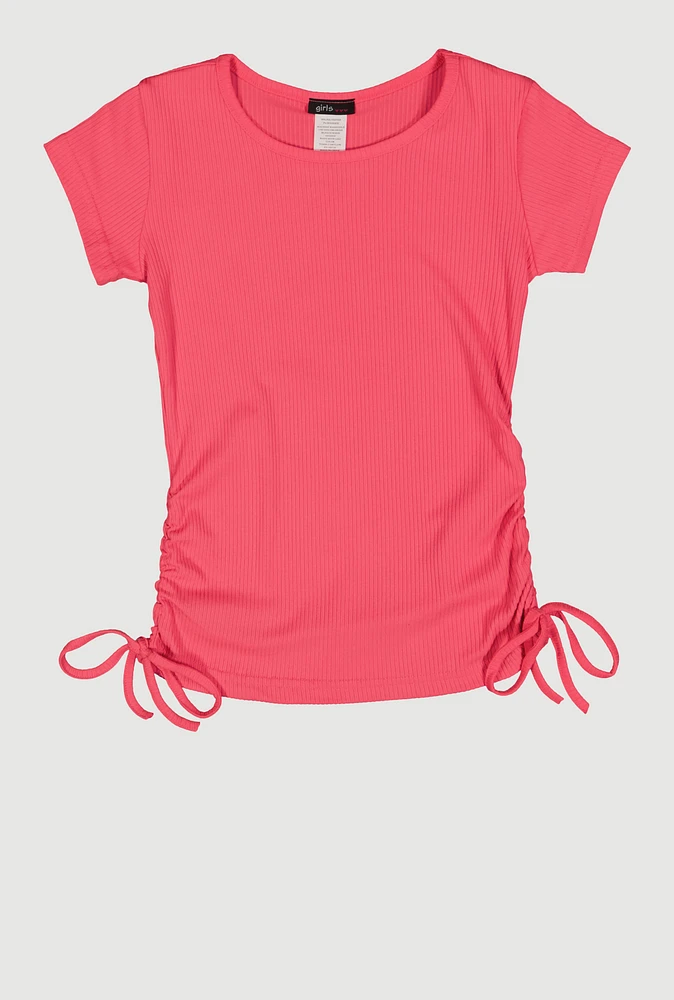 Girls Ribbed Knit Side Ruched Tee, 10-12