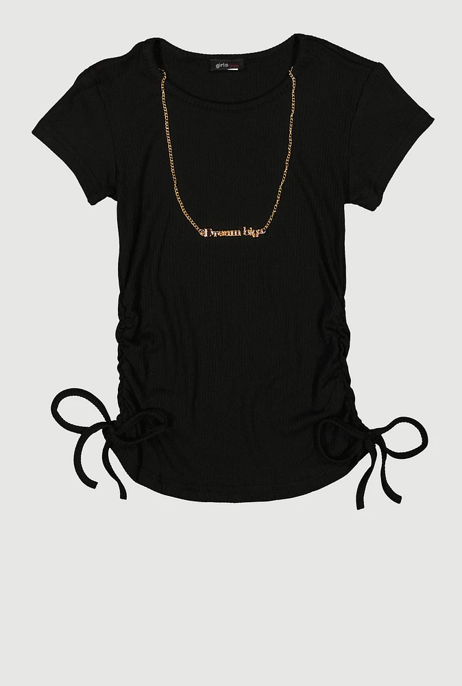Girls Ribbed Knit Short Sleeve Top with Necklace, Black, Size 7-8