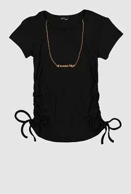 Girls Ribbed Knit Short Sleeve Top with Necklace, Black, Size 7-8