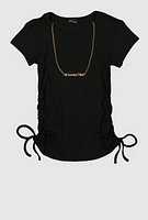 Girls Ribbed Knit Short Sleeve Top with Necklace, Black, Size 7-8