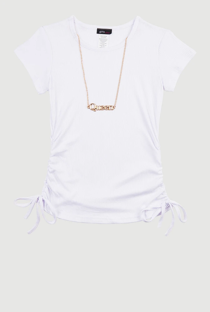 Girls Ribbed Knit Short Sleeve Top with Necklace, White, Size 14-16