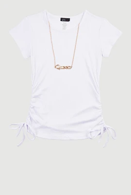 Girls Ribbed Knit Short Sleeve Top with Necklace, White, Size 14-16