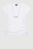 Girls Ribbed Knit Short Sleeve Top with Necklace, White, Size 14-16