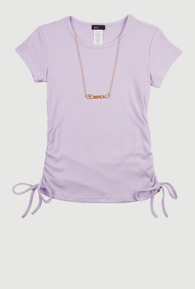 Girls Ribbed Knit Short Sleeve Top with Necklace, Purple,