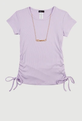 Girls Ribbed Knit Short Sleeve Top with Necklace, Purple,