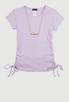 Girls Ribbed Knit Short Sleeve Top with Necklace,