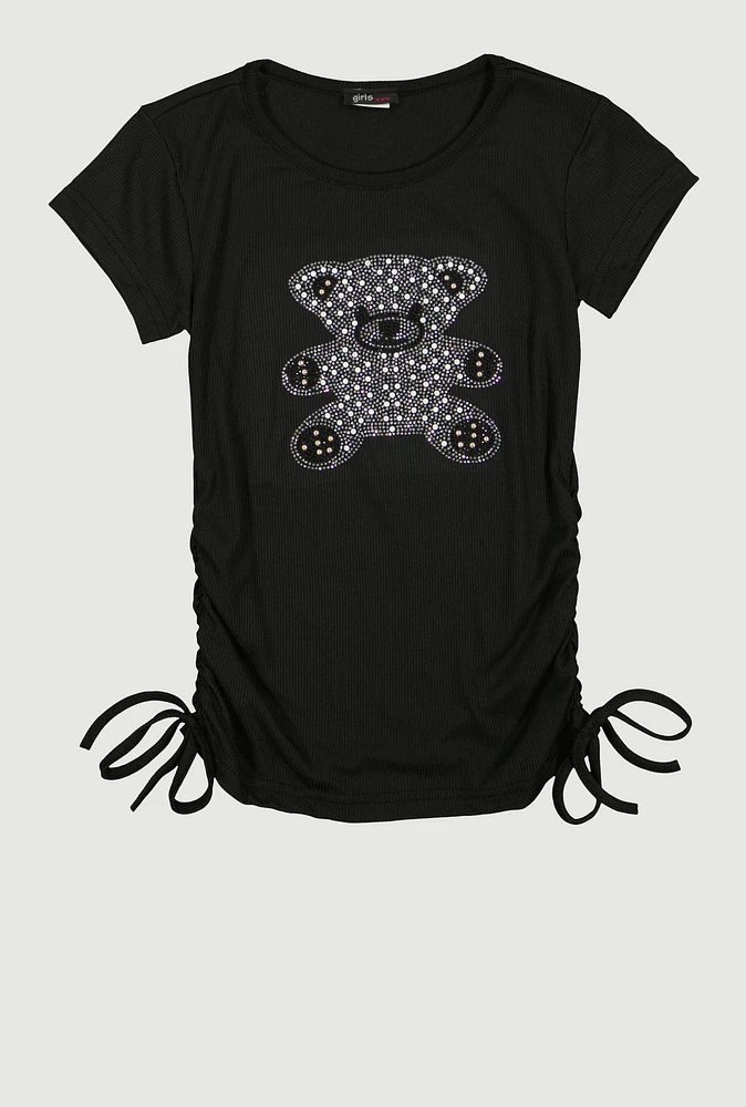 Girls Studded Teddy Bear Graphic Top, Black,