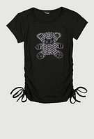 Girls Studded Teddy Bear Graphic Top, Black,