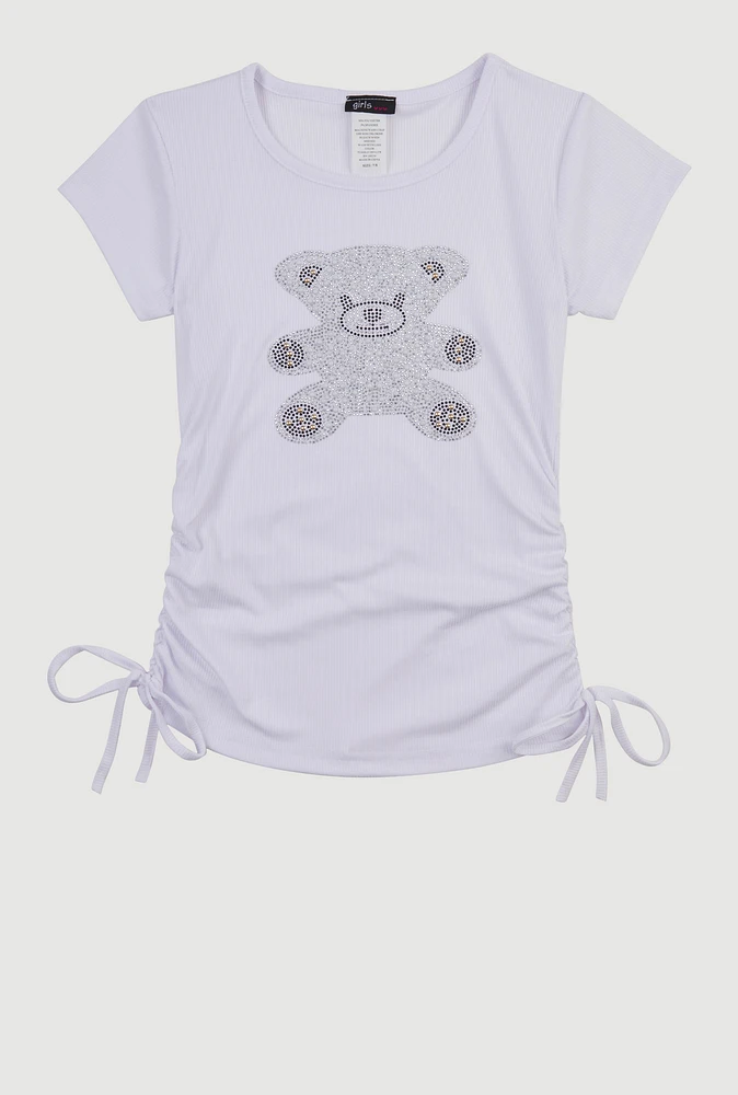 Girls Studded Teddy Bear Graphic Top, White, Size 7-8