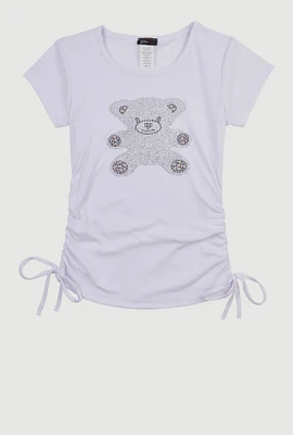 Girls Studded Teddy Bear Graphic Top, White, Size 7-8