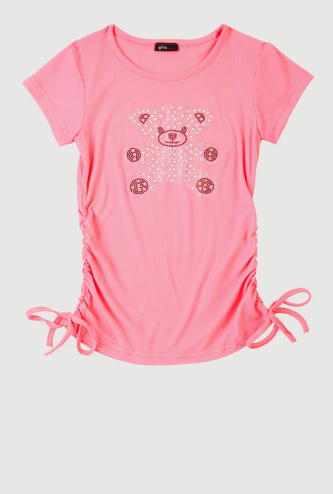 Girls Studded Teddy Bear Graphic Top, Pink, Size 7-8