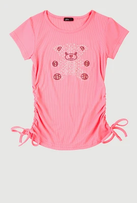 Girls Studded Teddy Bear Graphic Top, Pink, Size 7-8