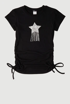 Girls Rhinestone Fringe Star Ruched Top, Black, Size 10-12