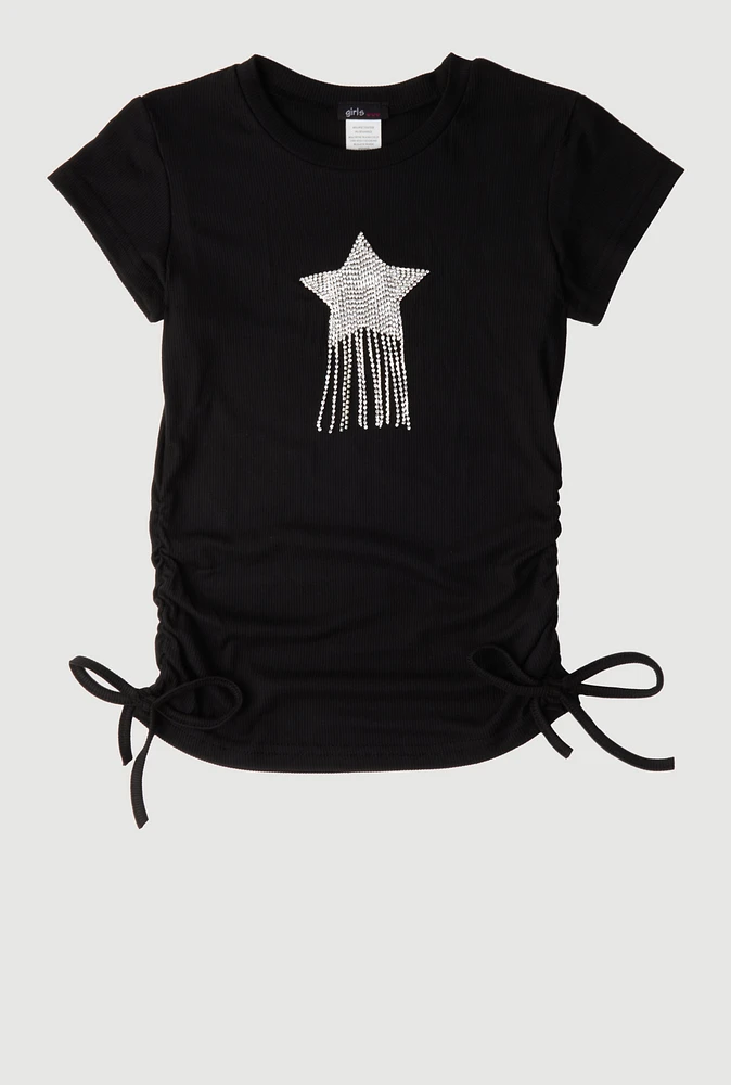 Girls Rhinestone Fringe Star Ruched Top, Black, Size 14-16