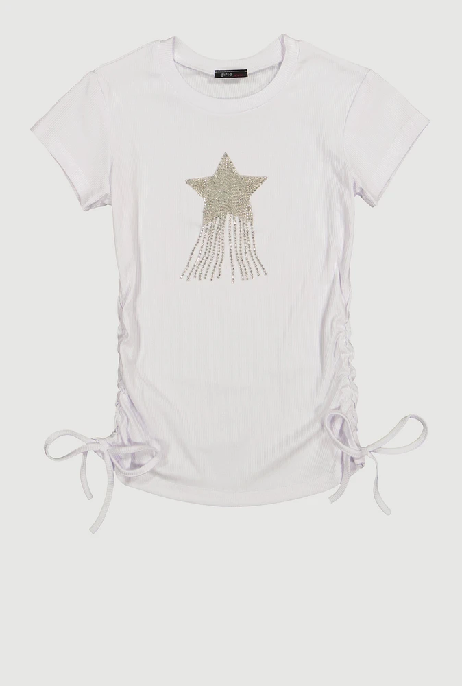 Girls Rhinestone Fringe Star Ruched Top, White,