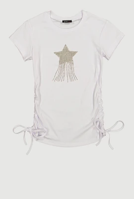 Girls Rhinestone Fringe Star Ruched Top, White,