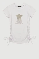 Girls Rhinestone Fringe Star Ruched Top, White,