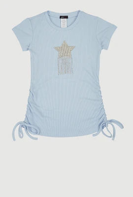 Girls Rhinestone Fringe Star Ruched Top,