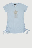 Girls Rhinestone Fringe Star Ruched Top,