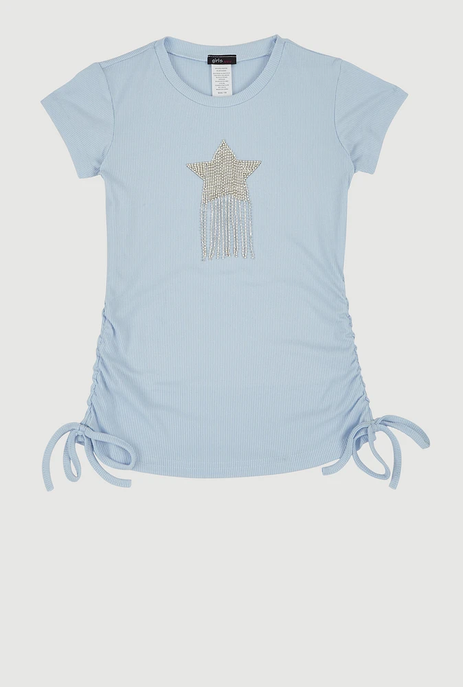 Girls Rhinestone Fringe Star Ruched Top, Blue,
