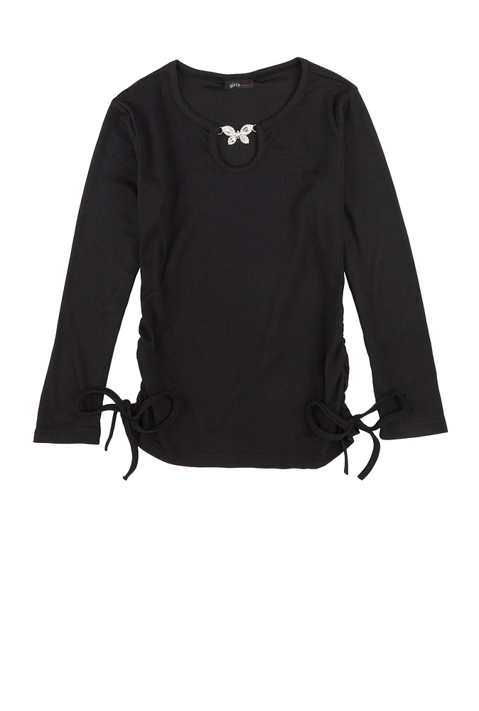 Girls Rhinestone Butterfly Keyhole Top, Black,