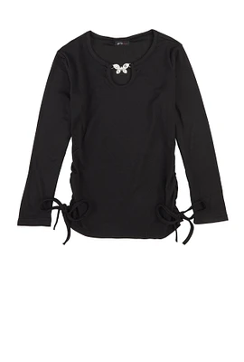 Girls Rhinestone Butterfly Keyhole Top, Black,