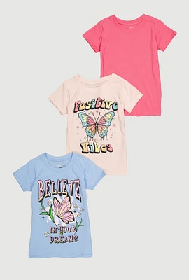 Girls Positive Vibes Butterfly Graphic Tees 3 Pack, Multi, Size 10-12