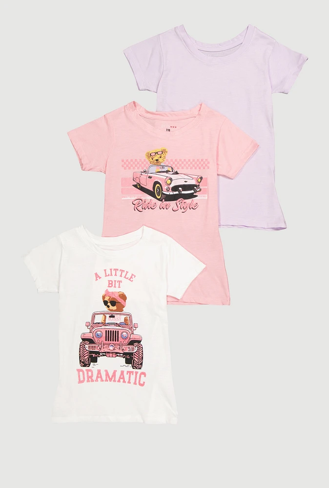 Girls Ride In Style Bear Graphic Tees 3 Pack, Multi, Size 10-12